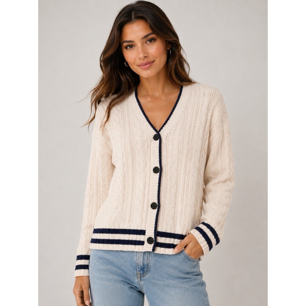 Anthropologie Calligraphie Women's Knit Cardigan Sweater Cream Blue Size L NWT